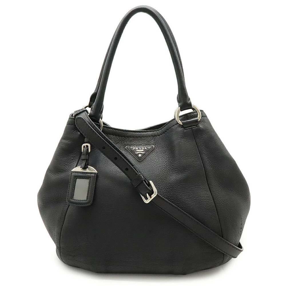 Prada Triangle Tote Tessuto Saffiano Bag Shoulder Leather NERO Black